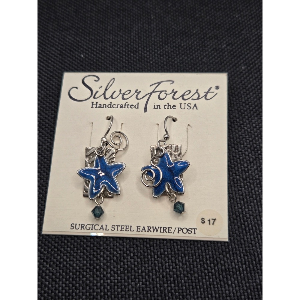 Silver Forest Blue Enamel Starfish Dangle Earrings Surgical Steel E-9779 USA